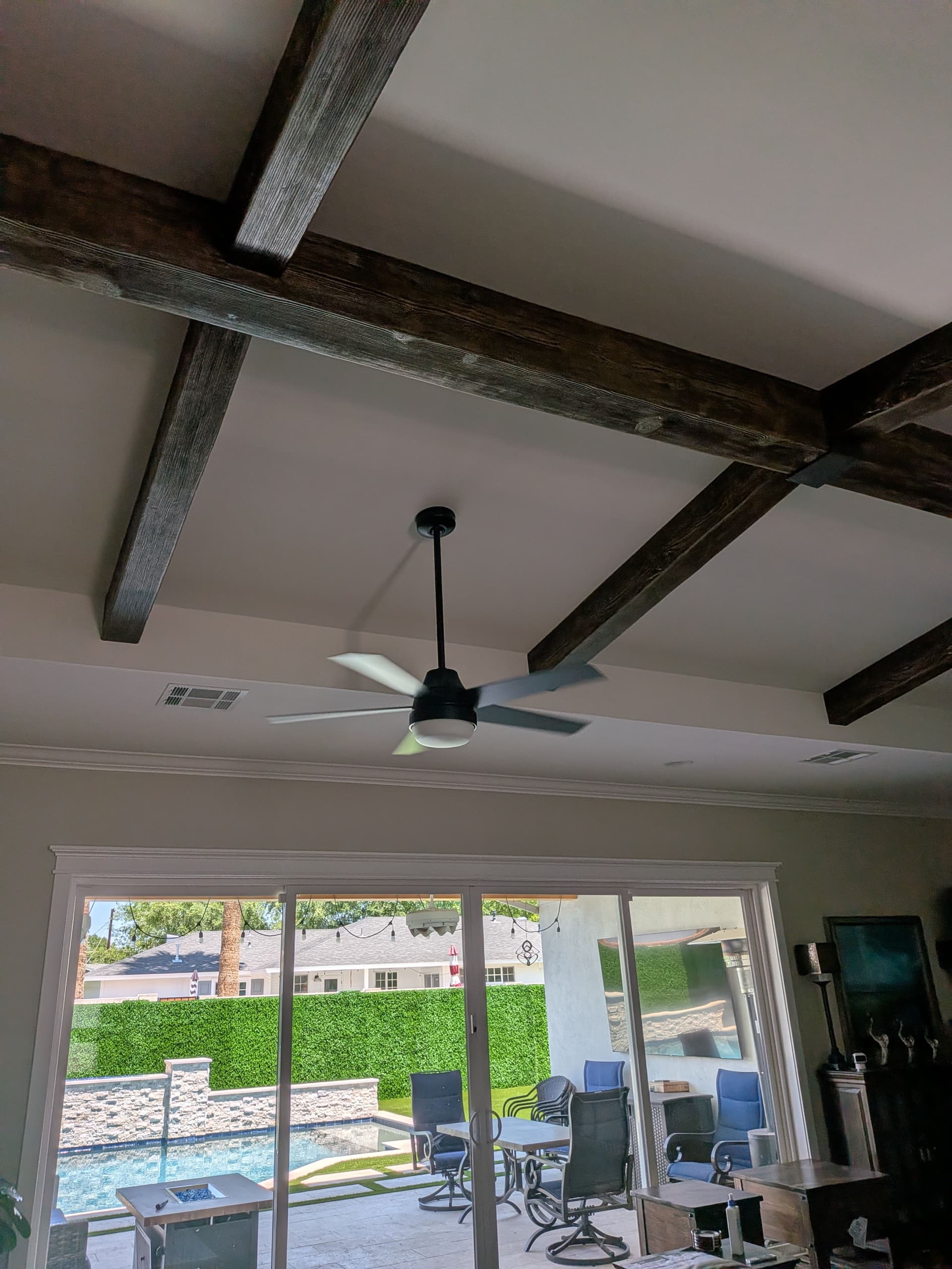 Gallery photos for Two Ceiling Fans Added to a Living Room With Exposed Beams: Image #2